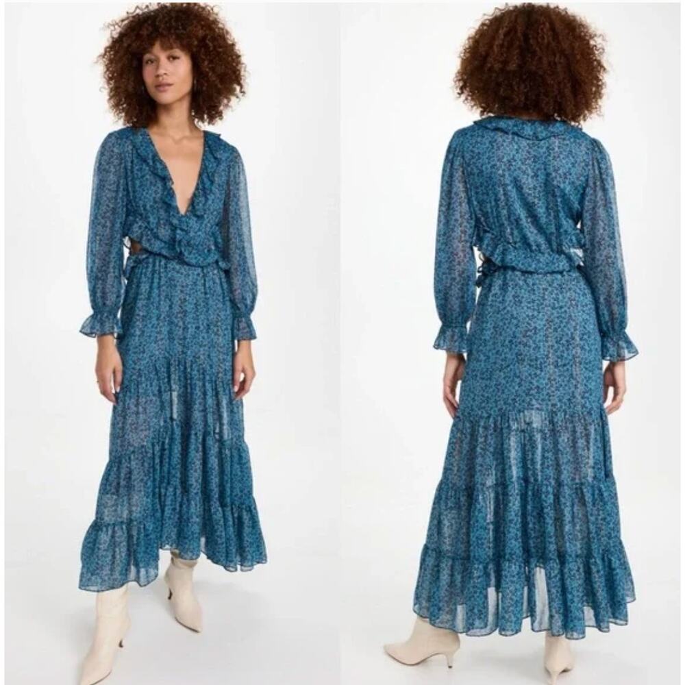 Misa Los Angeles Dress XS Amelia Midi Blue Floral Ruffle Boho Romantic Flowy Chi - Picture 5 of 16